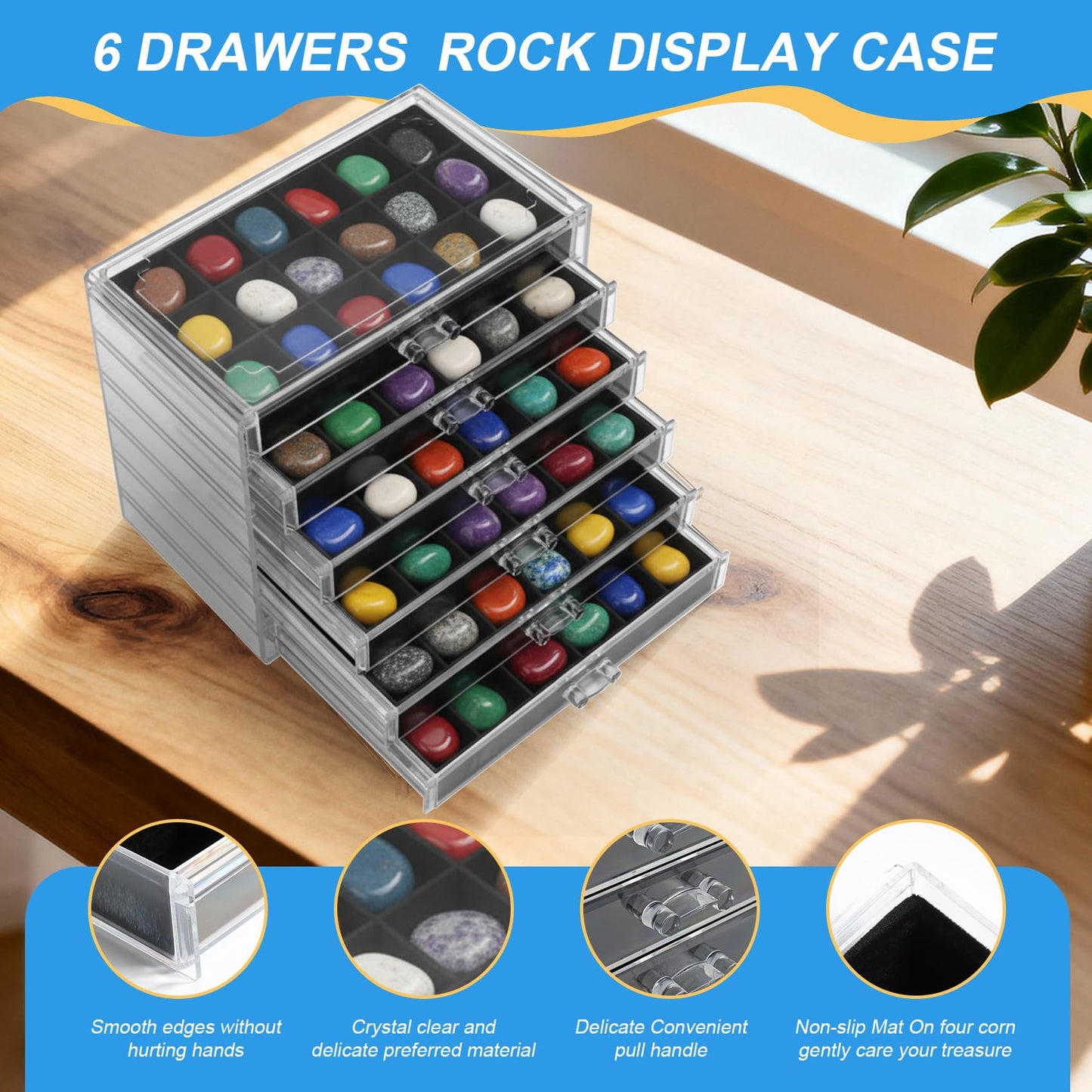 Juwacoo Rock Display Case, 6 Drawers 108 Grids Crystal Storage Box, Rock Collection Box, Acrylic Gemstone Box, Storage Stone Cases