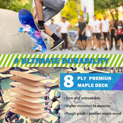 CLYCTIP Skateboards,31 x 8 inch Complete Skateboard for Beginners,8 Layer Maple Concave Cruiser Trick Skateboard for Teens and Adults (Blue-L)