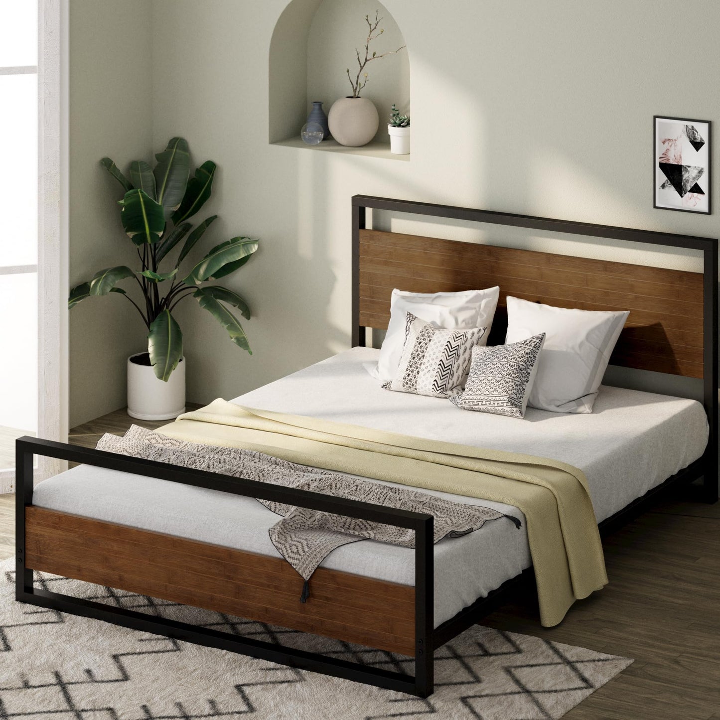 Zinus Suzanne Metal Bed Frame with Wooden Headboard & Footboard | Single 90x190 cm | 18 cm High | Low Profile | Wood Slat Support | For Adults, Kids