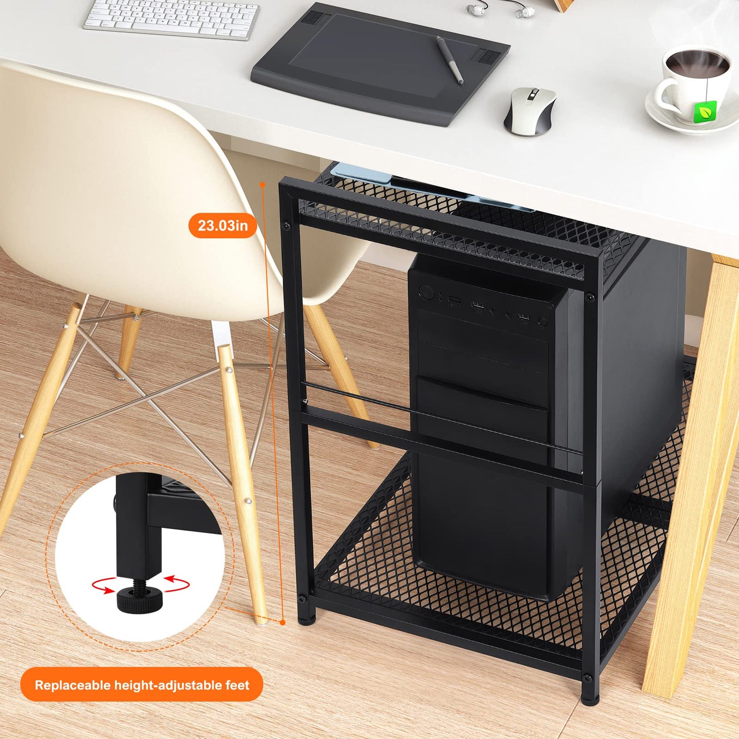 YBING Computer Tower Stand, PC Tower Stand Metal Mobile CPU Holder Stand Cart with Caster Wheels 2 Tier Rolling Printer Cart Under Desk for Fax Home