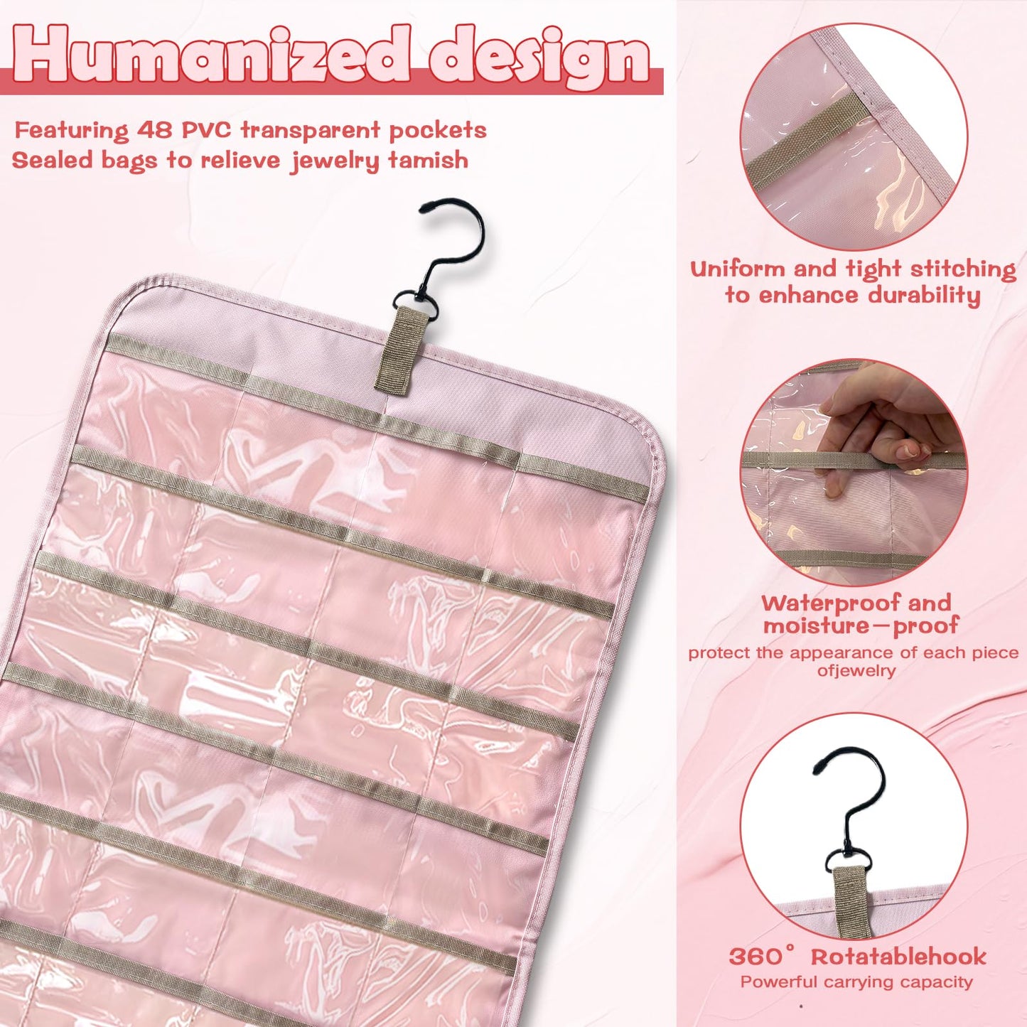 Jewelry Organizer Hanging, Dual-sided Hanging Jewelry Organizer Holder with Metal Hooks, 36 Pockets 3 Wave-Shaped Hooks