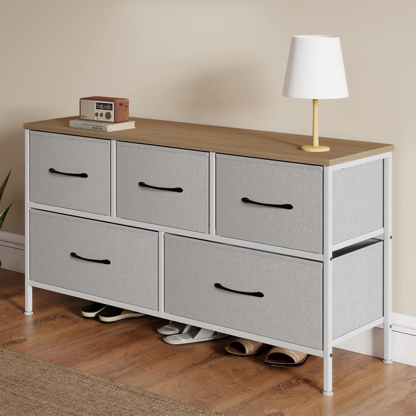 Levede Chest of Drawers Bedroom, 5 Fabric Drawers Storage Cabinet, Wide Storage Organiser Fabric Dresser with Wood Top for Closet, Nursery, Bedside,