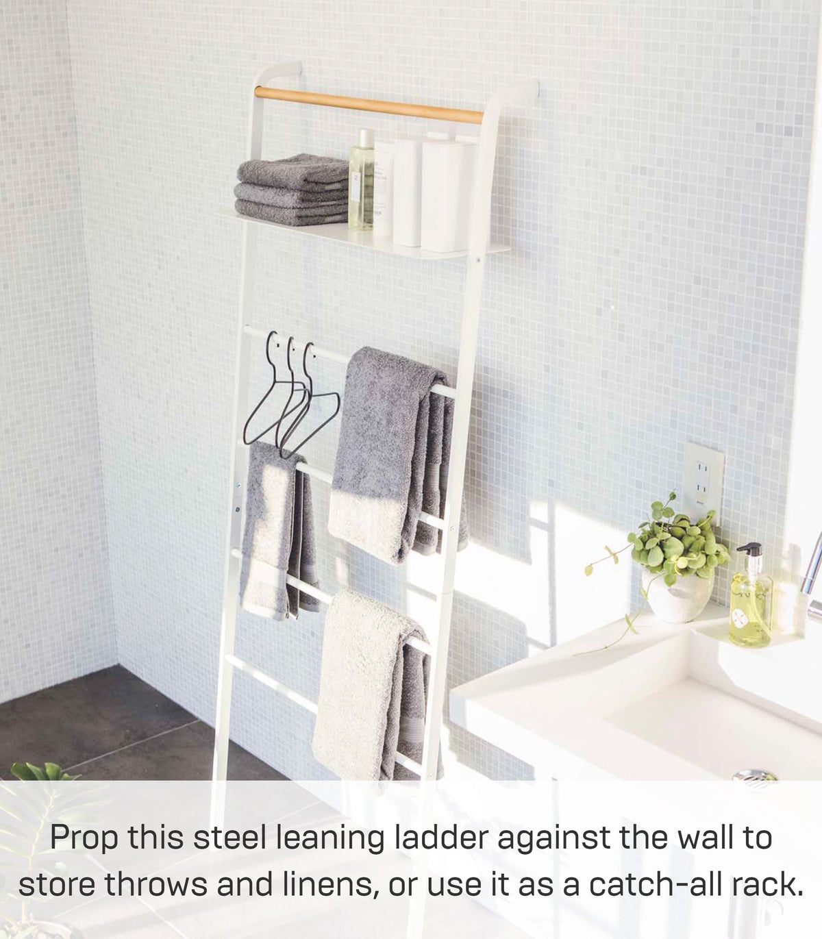 Yamazaki 3871 TOWER Ladder Hanger with Shelf, White, Steel/Wood, Minimalist Design, 66 x 30～38 x 160 cm LxWxH