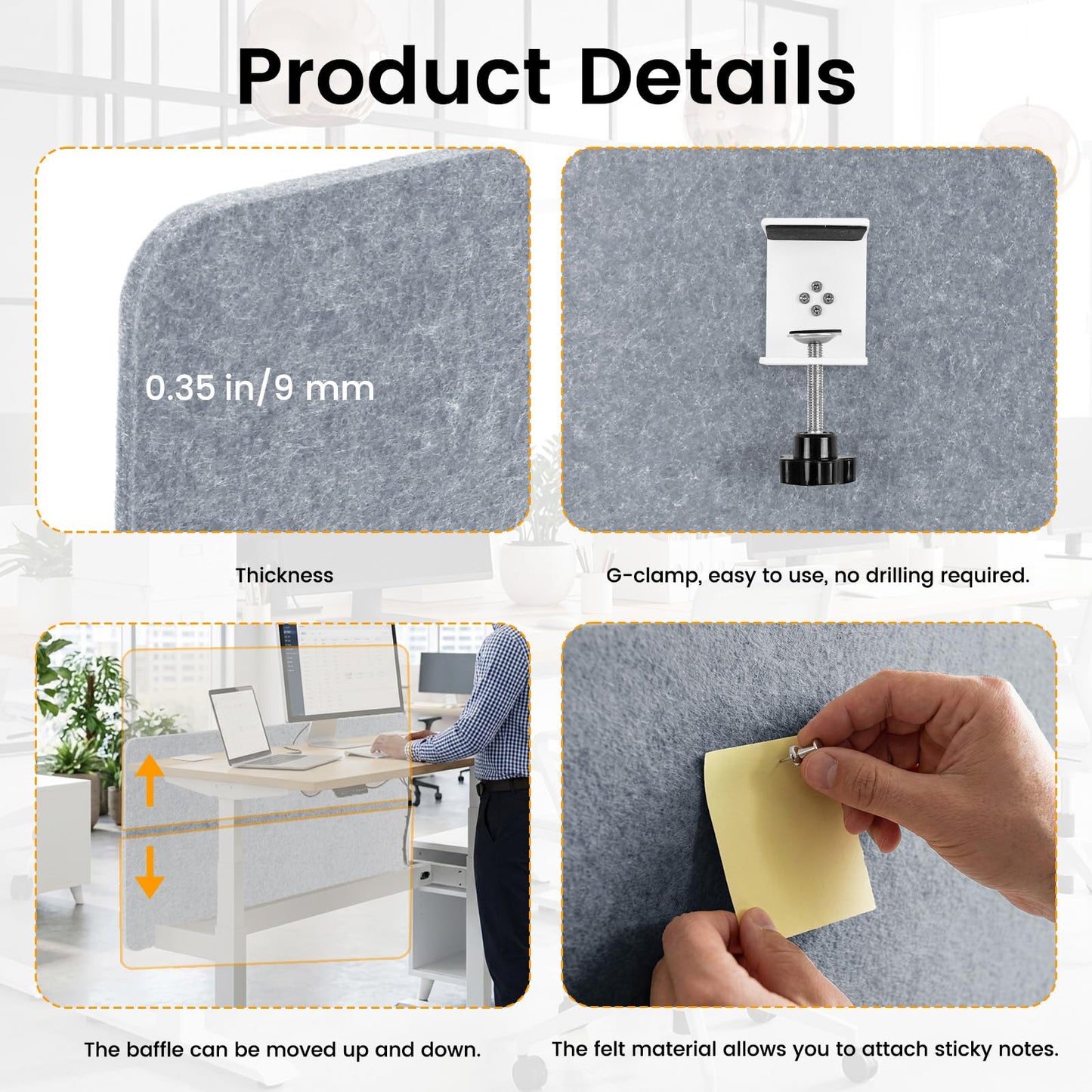 sturion 2-Pack Felt Desk Dividers, Clamp-On Panels, 60 x 60 cm, Light Grey