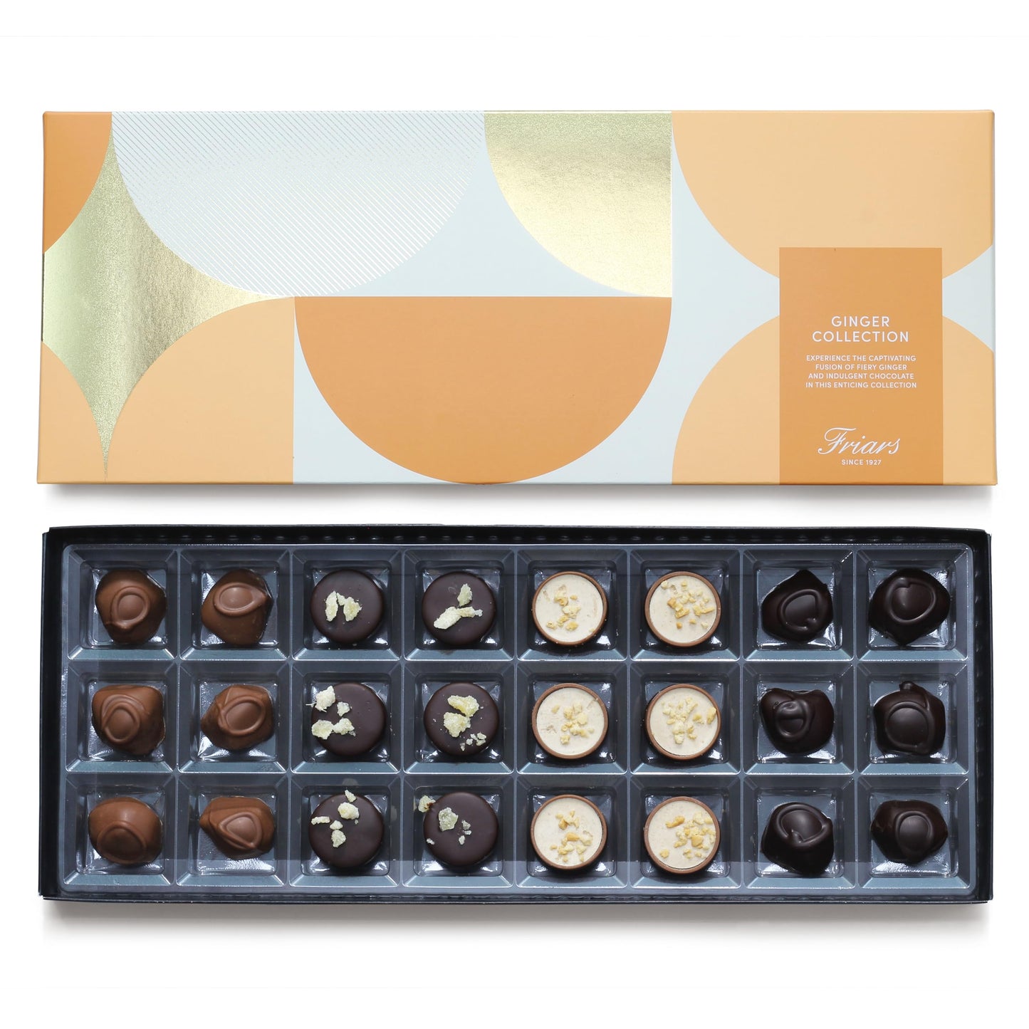 Friars Ginger Chocolate Selection Box - 24 Chocs | Spicy, Stem, Crystallised, Crushed, Truffle, Milk & Dark Chocs | Premium Chocolates For Special