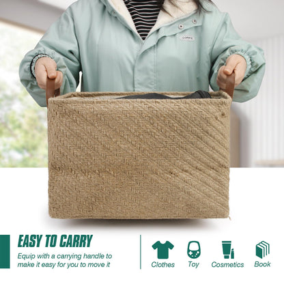 Spesh Jute Storage Basket with Handles, 38*27*28cm Collapsible Natural Woven Organiser Box Square Jute Storage Bin for Shelves Bathroom