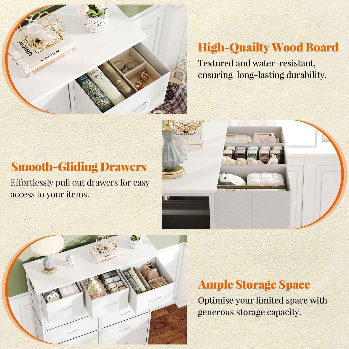 Flrrtenv Chest of Drawer with 11 Drawers, Modern Bedroom Cabinte, Fabric Drawers with Wooden Top, Sturdy Metal Frame, Tall White Hallway Storage Unit