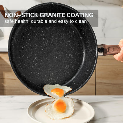 Kordisen Nonstick Deep Frying Pan with Lid, 28cm Saute Pan Skillet with Detachable Wood Handle, Granite Stone Coating for Cooking, Induction Cookware,