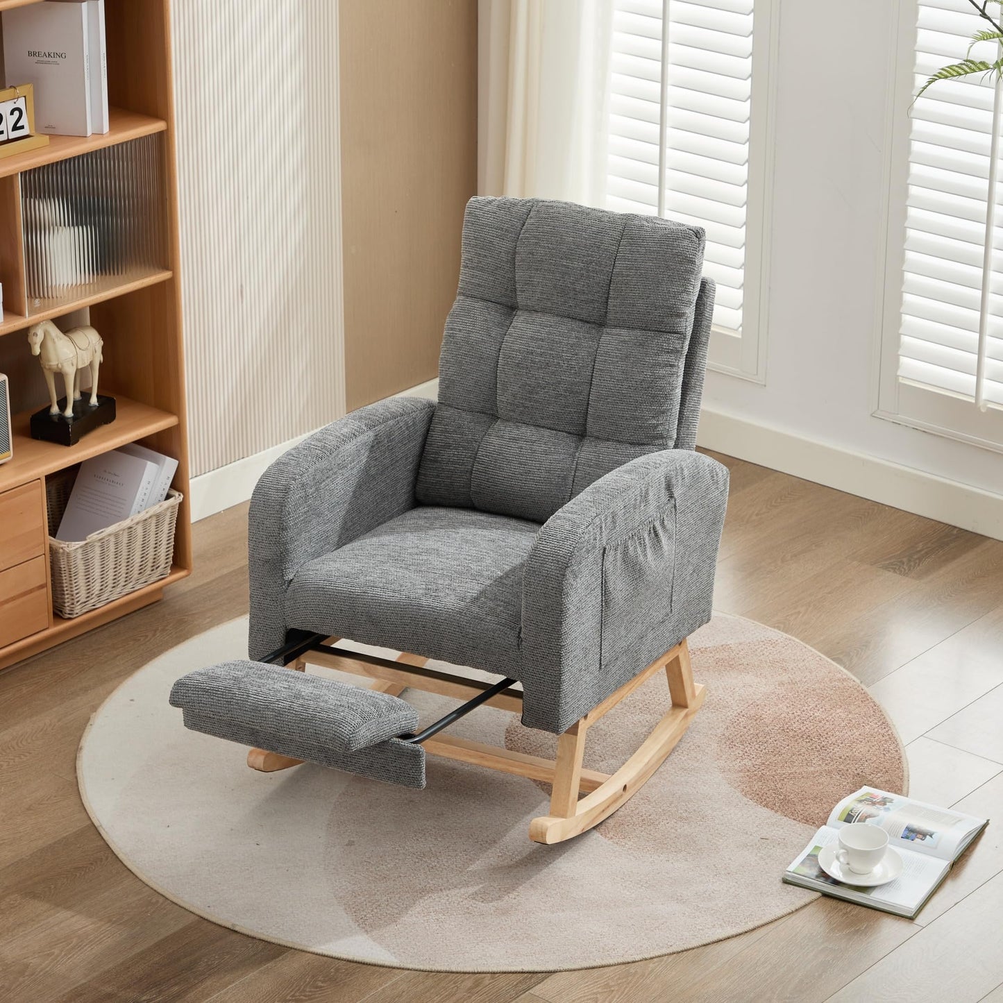 ModernLuxe Rocking Chair, Lounge Armchair,Adjustable Footrest, High Backrest,Side Pockets, Solid Wooden Legs Nursing Chair for Living Room & Bedroom