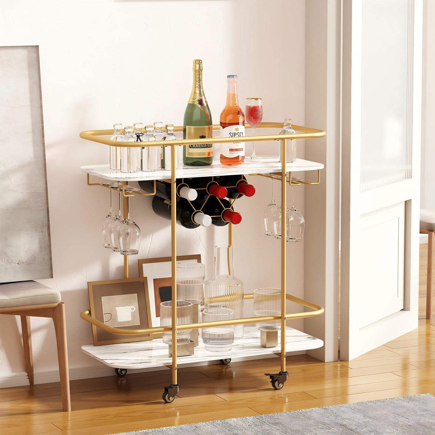 DAWNYIELD 2 Tier Mobile Bar Serving Cart, Drinks Trolley on Wheels, Gold