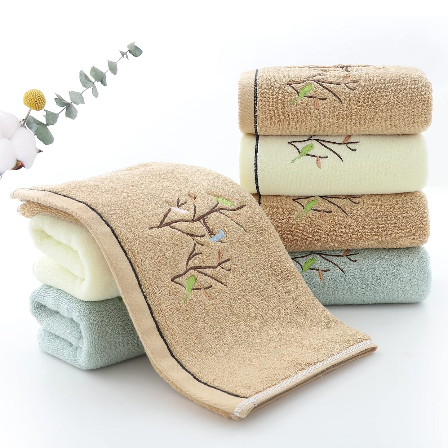 Pidada Hand Towels Set of 4 Embroidered Bird Tree Pattern 100% Cotton Absorbent Soft Decorative Towel for Bathroom 35 x 75 cm (Brown)