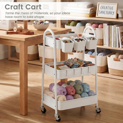 danpinera 3-Tier storage trolley, Metal storage cart with Lockable Wheels & Hanging Cups & Hooks, storage trolley on wheels for bathroom, kitchen