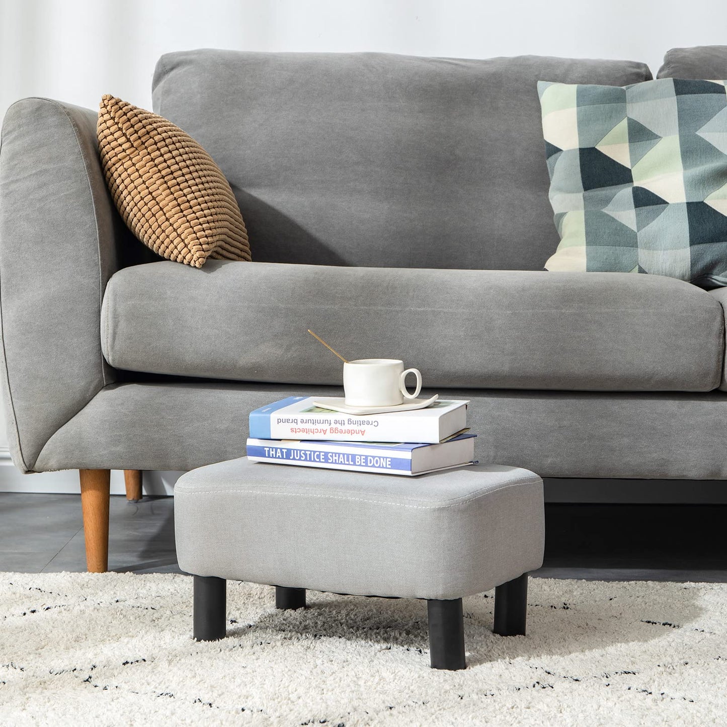 IBUYKE 16.54" Small Footstool Linen Fabric Pouf Ottoman Footrest Modern Home Living Room Bedroom Rectangular Stool, with Padded Seat Pine Wood Legs