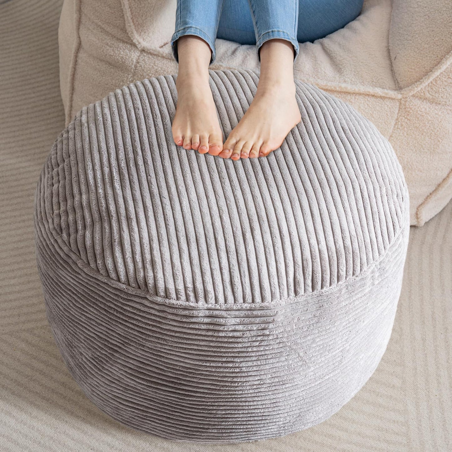 HIGOGOGO Corduroy Beanbags Round Footstool Bean Bag Pouf with Foam Chunk Filling, 65 x 45 cm Floor Poufs Foot Rest for Living Room, Grey