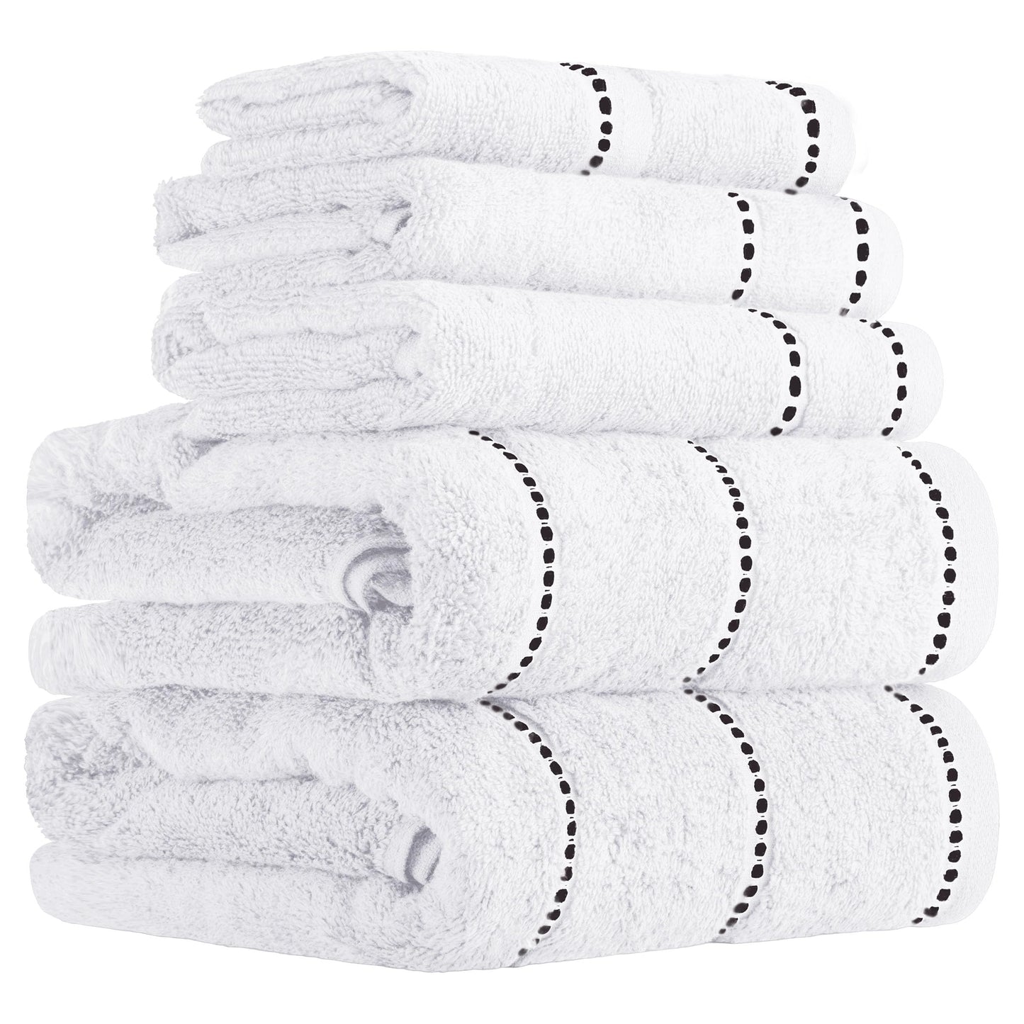 Lavish Home Luxury Cotton Towel Set- Quick Dry, Zero Twist and Soft 6 Piece Set With 2 Bath Towels, 2 Hand Towels and 2 Washcloths (White/Black)