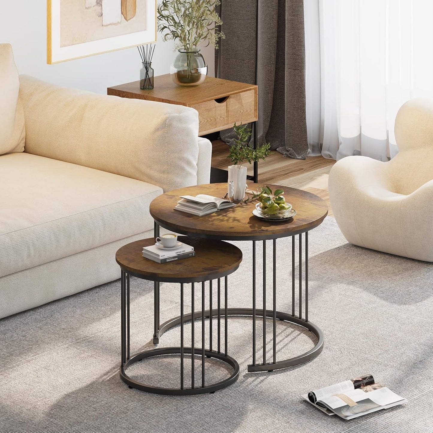 Huhote Round Coffee Tables, Set of 2 End Table, Nesting Tables, Side Table with Metal Frame for Living Room/Bedroom/Balcony/Office/Apartment