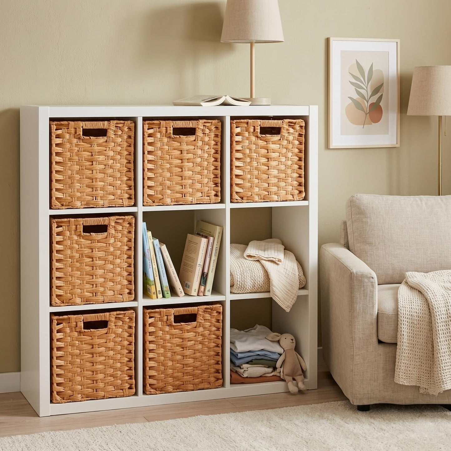 SOCOHOME Cube Storage Box,31x31x31cm Faux Rattan Boxes for Toy Clothes Shelf Nursery Closet Waterproof,Non-Mouldy(Beige, 4 Pcs)