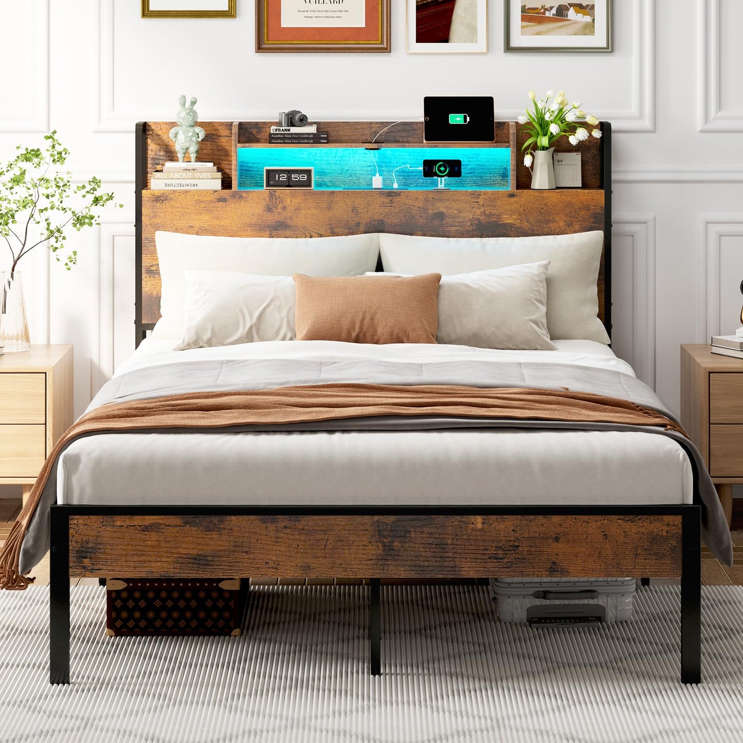 ODK 4ft6 Double Bed Frame with Storage Wooden Headboard