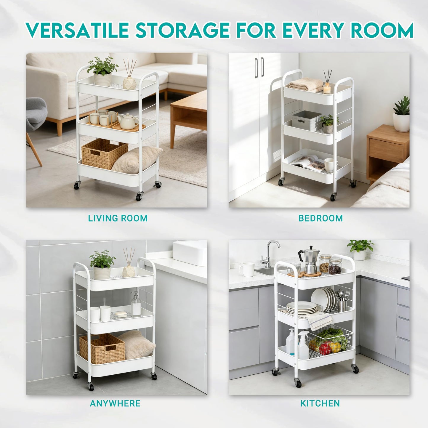 ZOESTORAGE 3 Tier Trolley Cart,Metal Storage Trolley on Wheels for Kitchen,Laundry,Bedroom and Storage Cart for Book,Veg,Snack,White