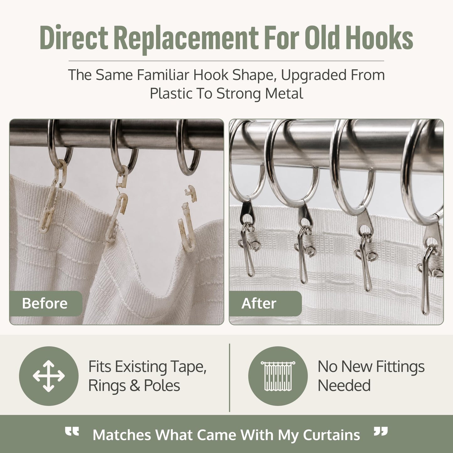 Metal Curtain Hooks - Heavy Duty Zinc Plated Curtain Hooks, 50 Pack for Pencil Pleat & Pinch Pleat Curtains, Heading Tape, Pole Rings, Tracks