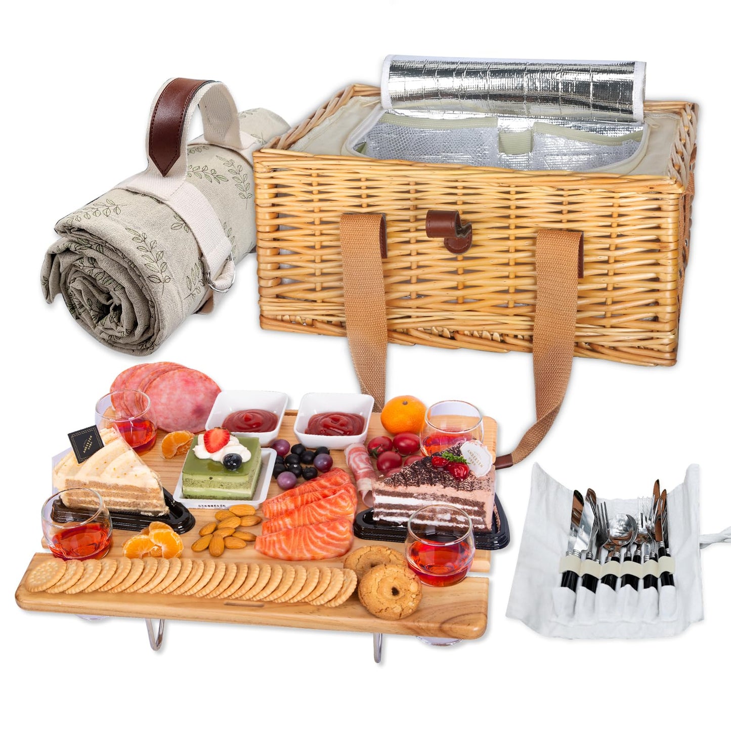 Hap Tim Wicker Picnic Basket for 4 with Mini Folding Wine Picnic Table & Large Insulated Cooler Bag & Cutlery Service Kits for 4 Person, Couples