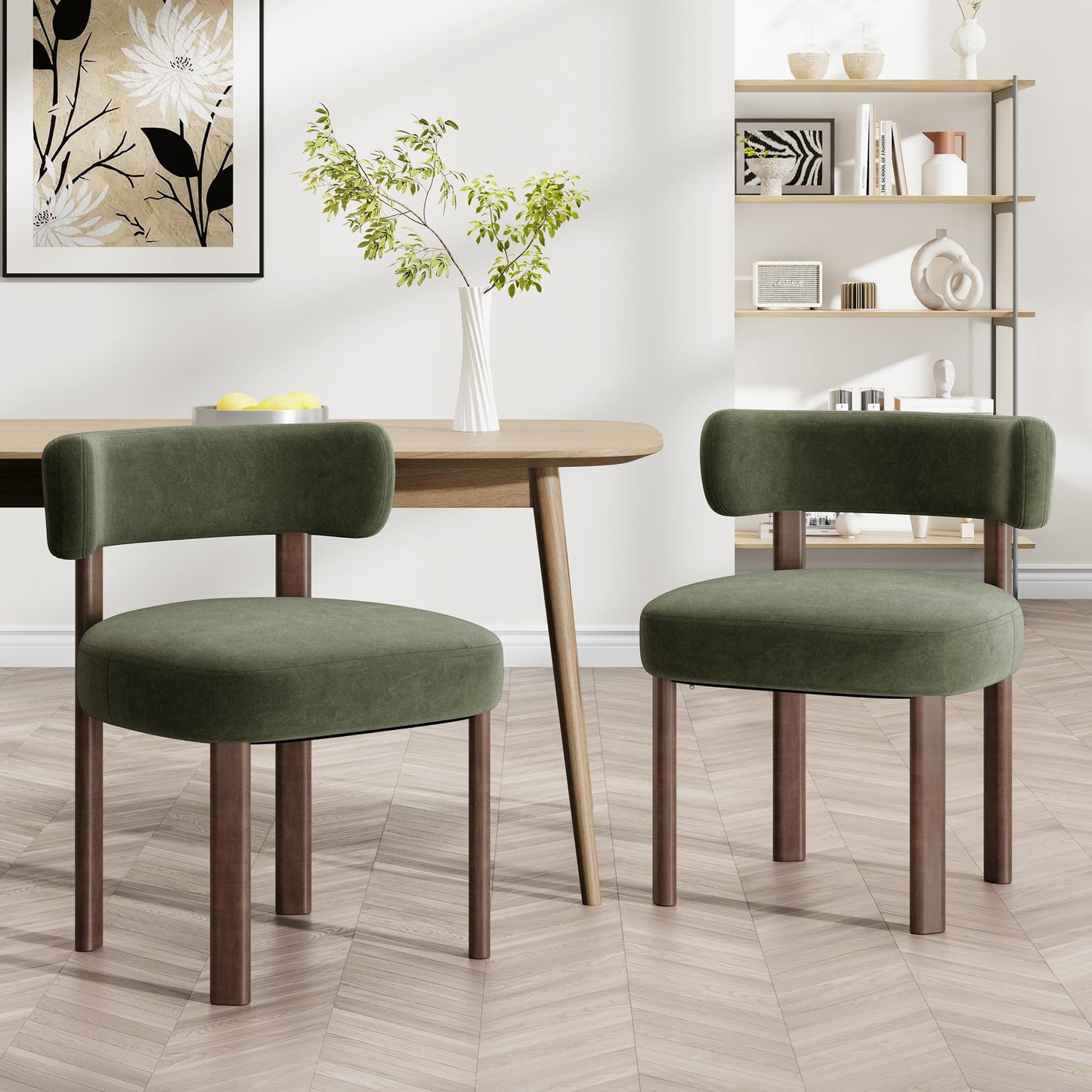COLAMY Wooden Dining Chairs Set of 6, Velvet Fabric Chairs for Dining Room with Open Curved Backrest and Thick Seat Cushion