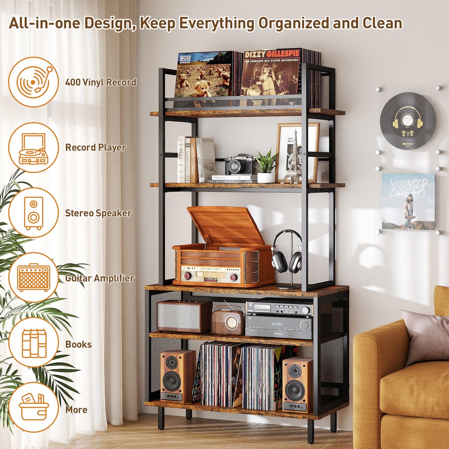 ikkle Record Player Stand with Vinyl Storage, 5 Layer Turntable Stand
