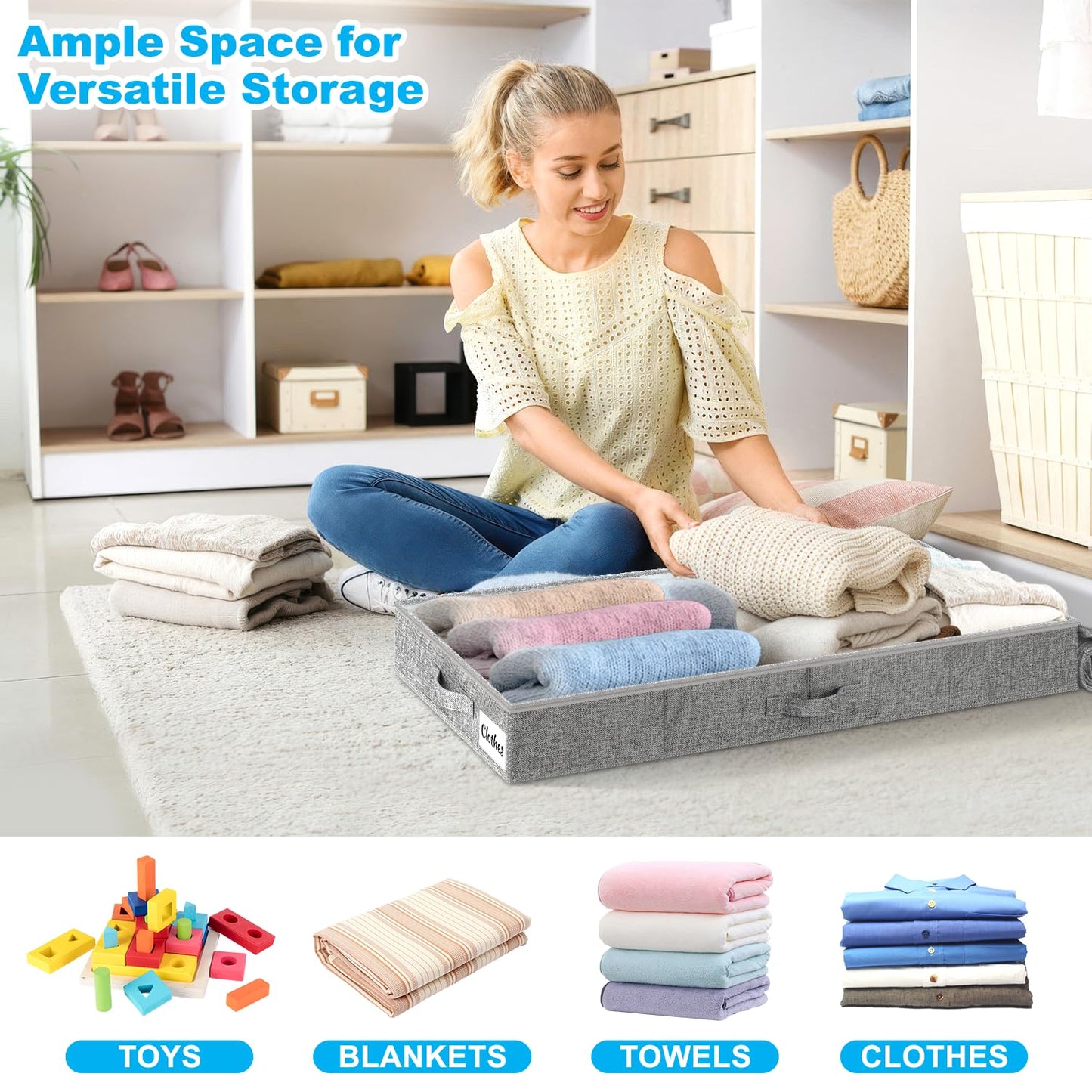 2 Pack Under Bed Storage Box with Lid, 10cm Tall Shallow Underbed Storage Bags with Zip
