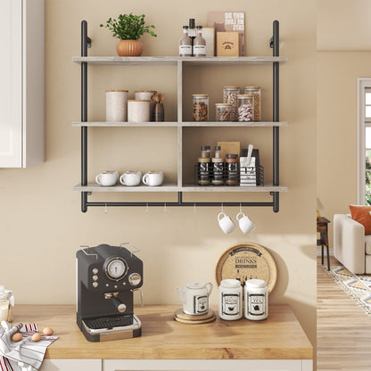 Bestier 3 Tier Floating Pipe Shelving 115CM Industrial Wall Mounted Ladder Shelf Hanging with Circular Tube with Hooks Wood Display Storage Home Decor