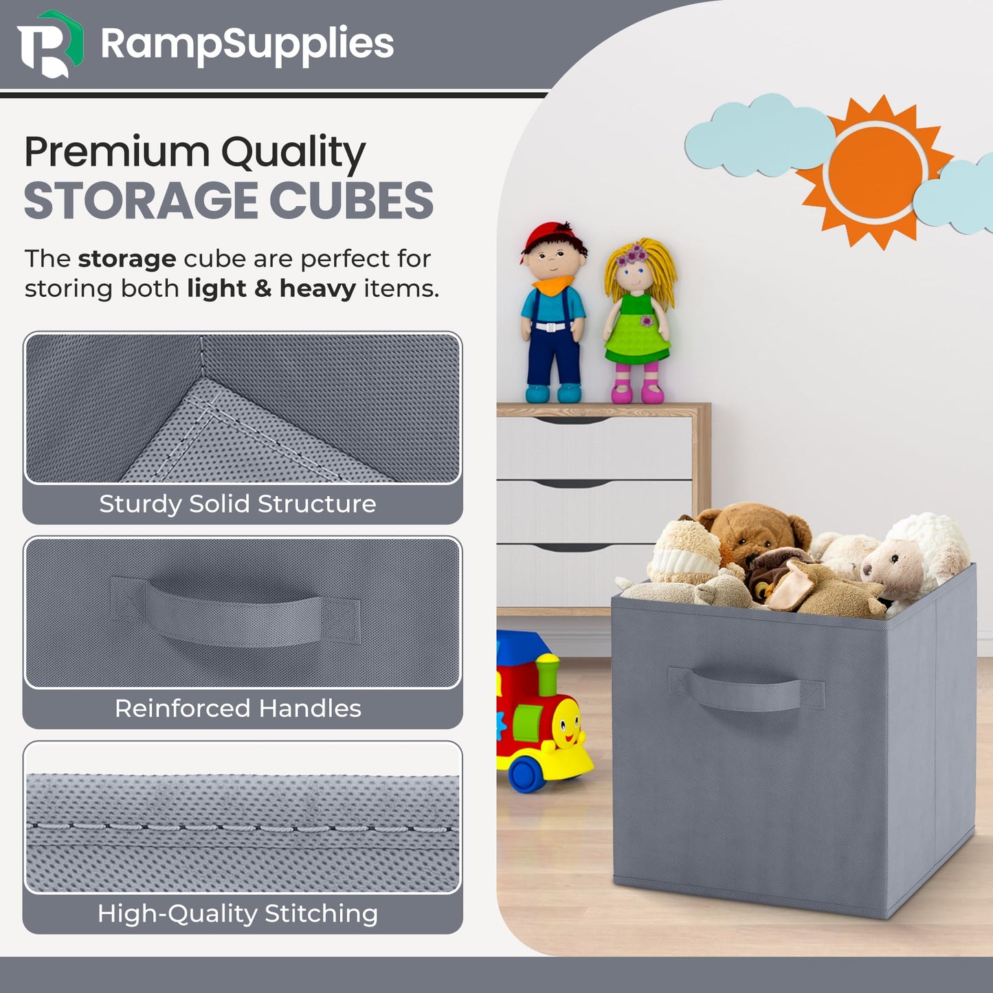 RampSupplies Foldable Storage Cubes with Handles, 30cm x 30cm x 30cm,Fabric Storage Boxes