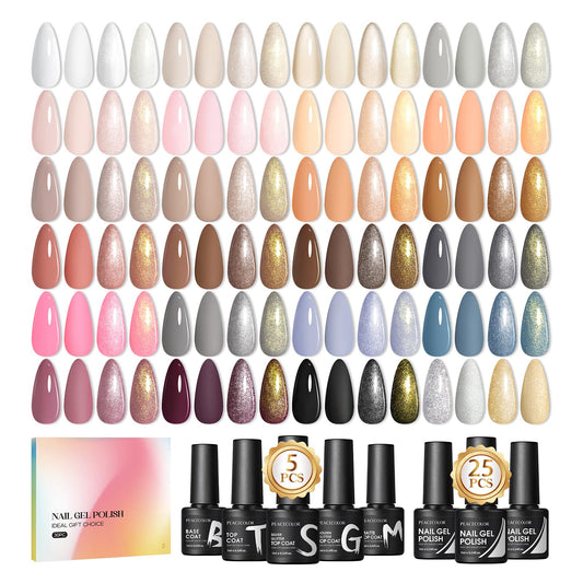 PEACECOLOR 30PCS Gel Nail Polish Set, Soak Off Gel Polish Set Nude White Brown Nail Kit with Base Coat and Glitter Matte & Glossy Top Coat Nail Art