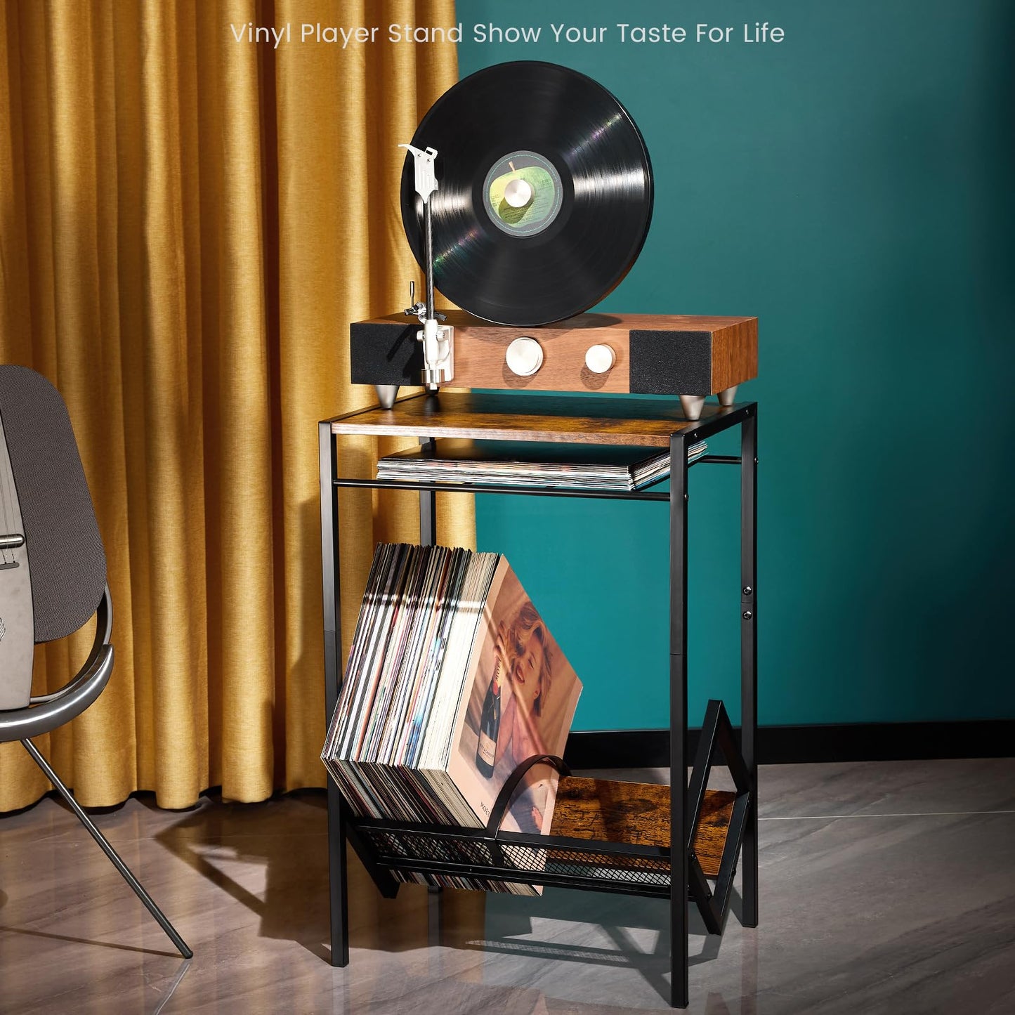 2-Tier Record Player Stand with Vinyl Storage,Retro Turntable Stand for 80