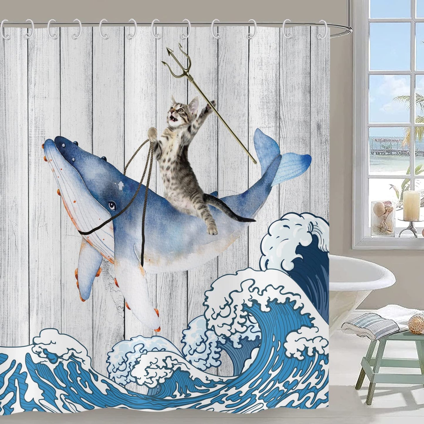 Hnmdmyi Funny Cat Shower Curtain 180x180, Cool Cat Riding Whale with Japan Kanagawa Waves on Rustic Wooden Bathroom Curtains Cute Kids Farmhouse