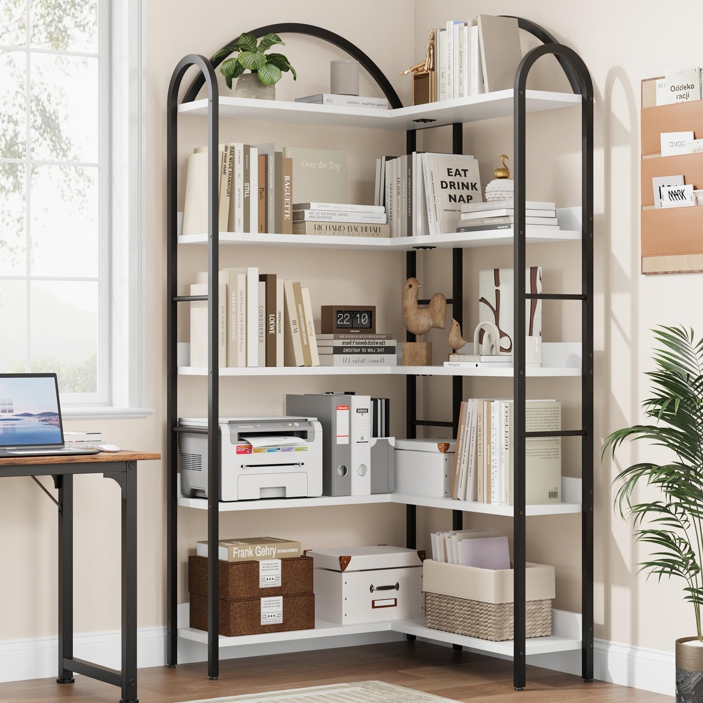 Crevyteg 68.5" Arched Industrial Corner Bookcase - 5-Tier Large Bookshelf with Wood Shelves and Metal Frame - Modern Storage Display for Home Office