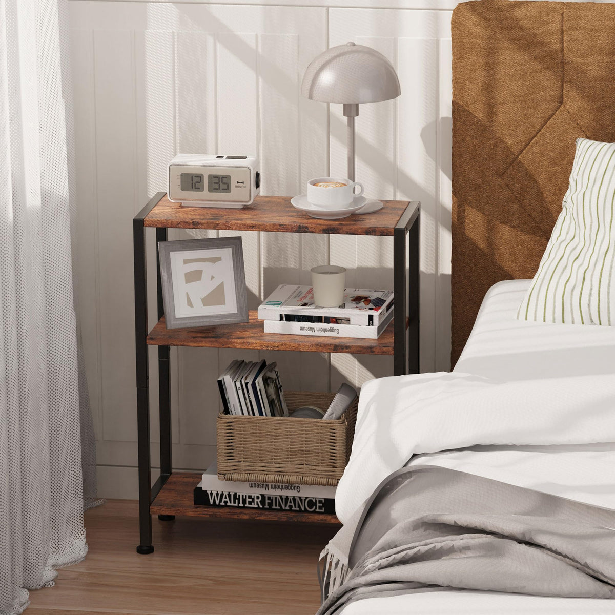 Vantimo Small Side Table, 3-Tier Thin End Table for Living Room, Narrow Bedside Table for Bedroom, Sofa, Couch Rustic Brown