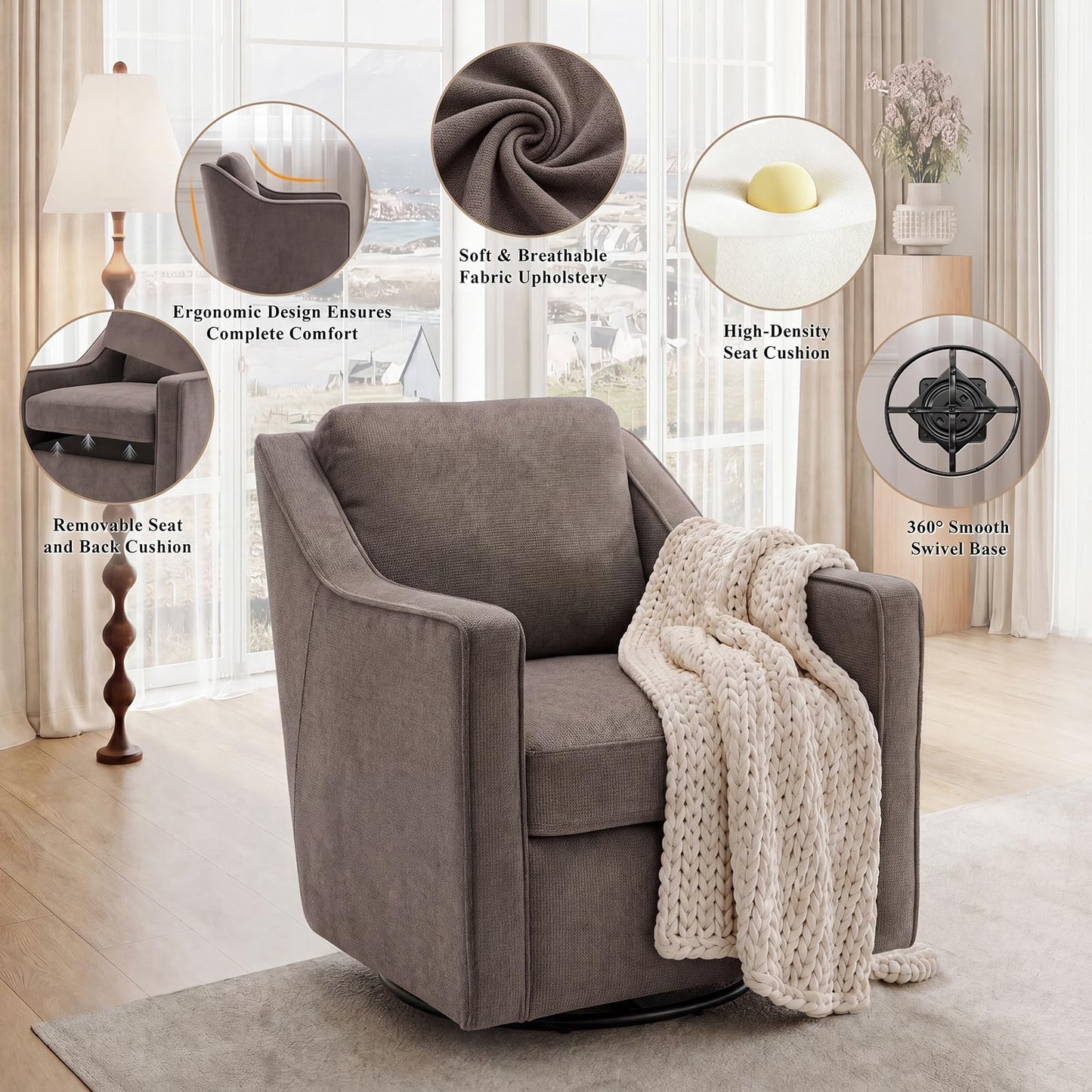 Swivel Armchair for Living Room, 360° Rotating Living Room Chair, Linen Fabric Accent Chair with Removable Seat Cushion & Pillow