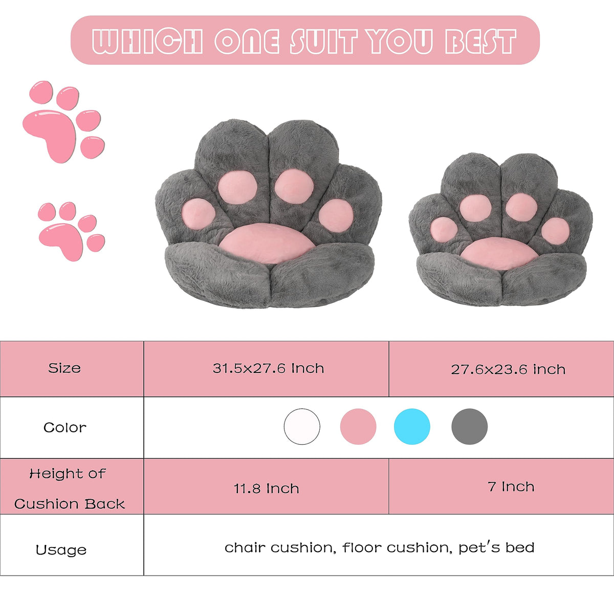 FlyGulls Cat Paw Cushion for Computer Gaming Office Chairs Grey 60x70 cm