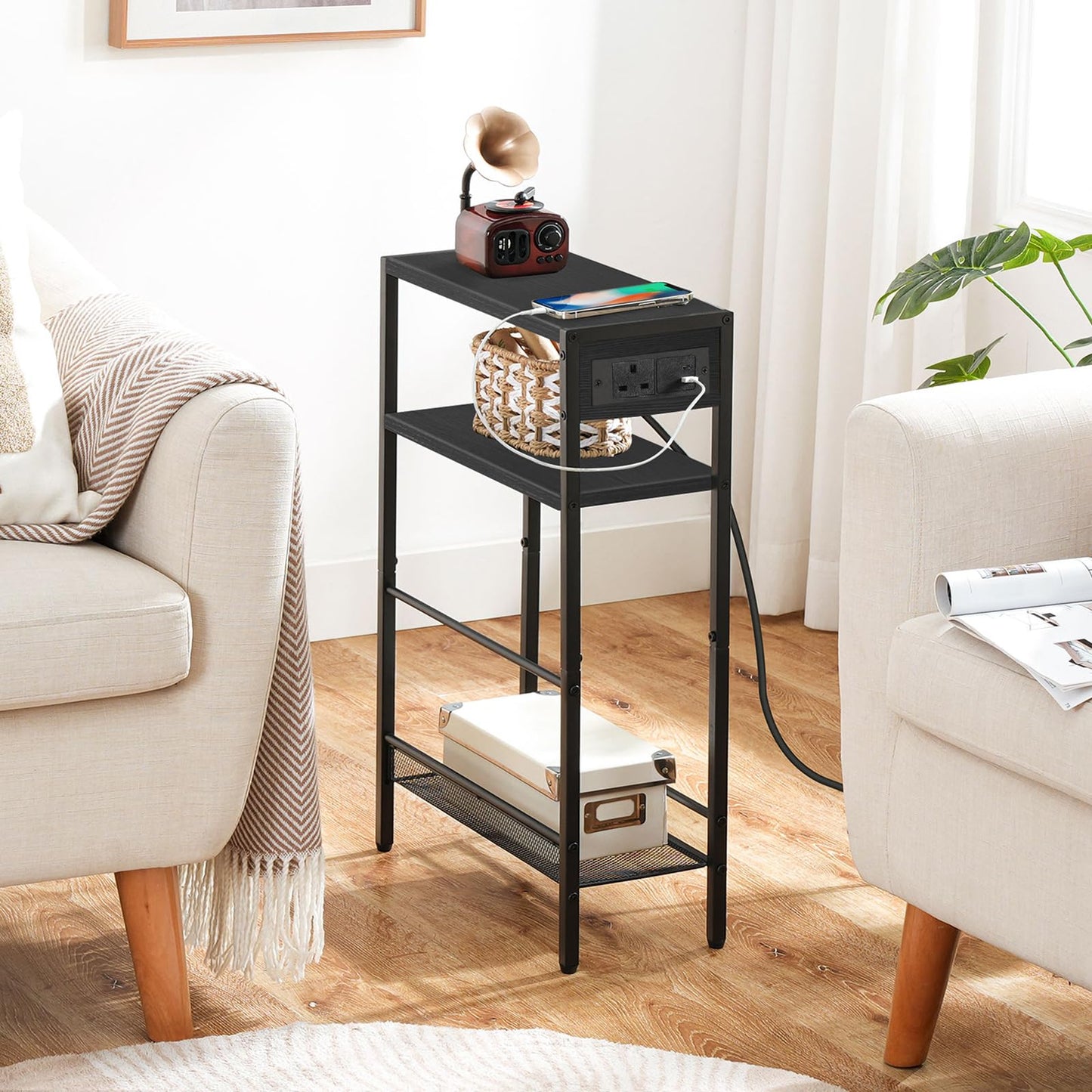 HOOBRO Slim Side Table with Charging Station, Narrow Bedside Table for Small Spaces, 3-Tier End Table with USB & Type-C Ports, Black EBB102KBZ01