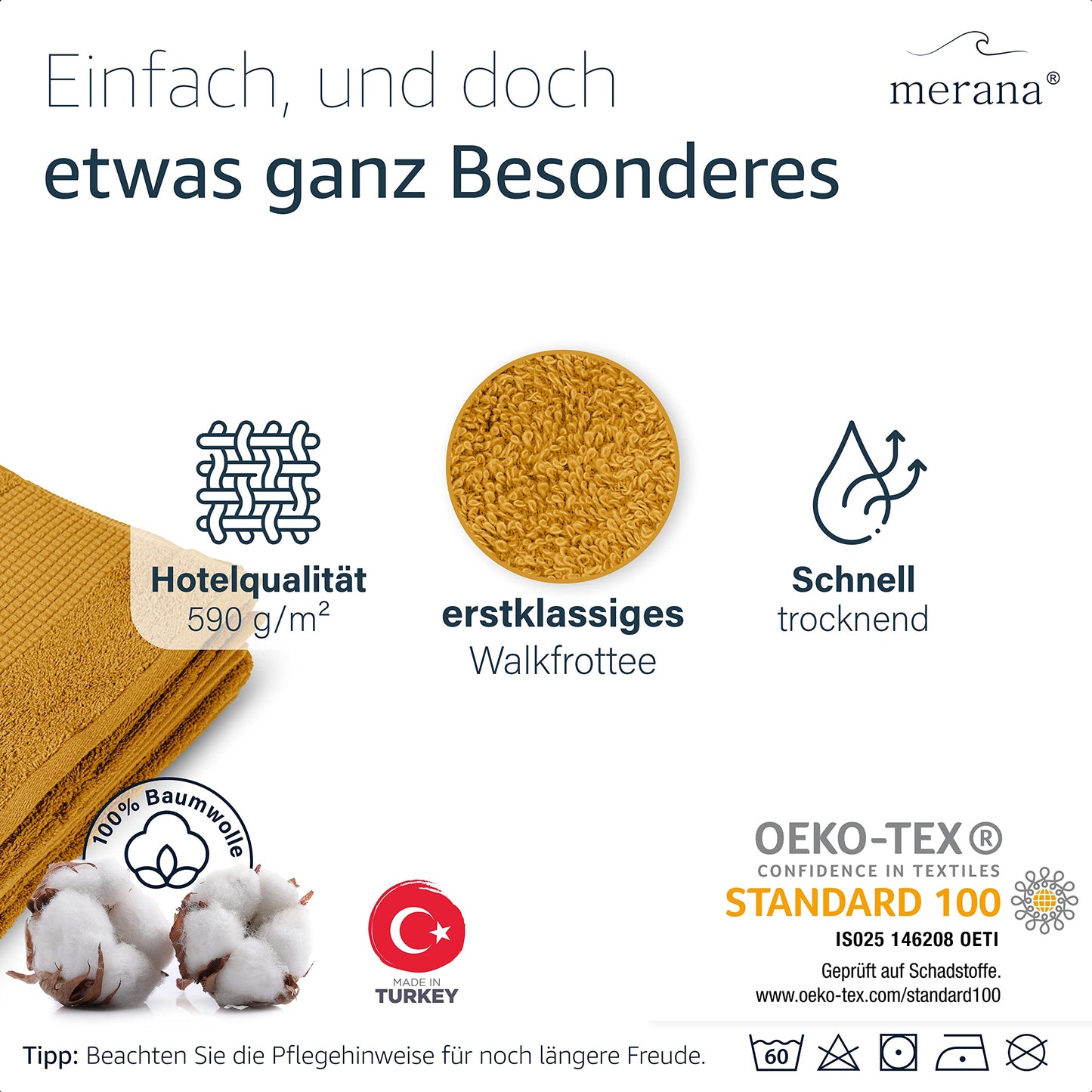 Merana Hand Towel Set, Absorbent, Soft and Lint Terry Towel Quality Made of Heavy Organic Cotton 590 GSM (Mango Gold, 2 x Bath Towels (70 x 140 cm)