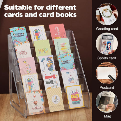 YEXEXINM Greeting Card Display Stand, 5 Tier Heighten Acrylic Card Display Rack Clear Storage Sticker Organizer Bookmarks Stamp Postcard Mail