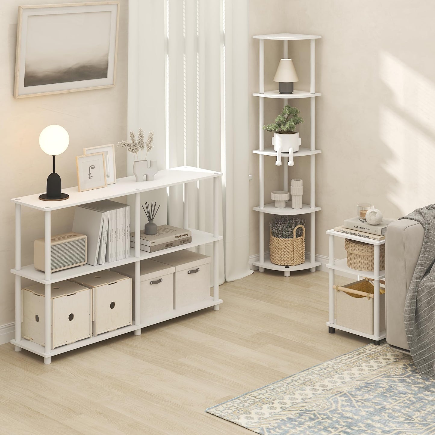 Furinno TURN-N-TUBE Side Table, 3-Tier End Table, Night Stand, Bedside Table, for Living Room, Bedroom, White