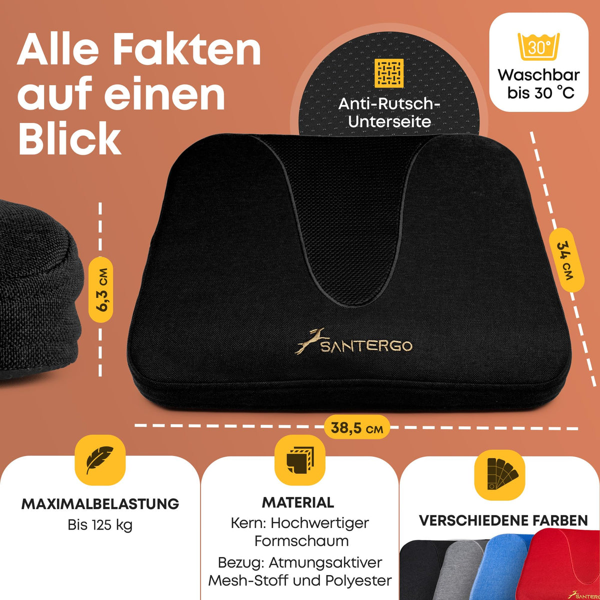SANTERGO Ergonomic Seat Cushion Made of Moulded Foam Patented & Dimensionally Stable Chair Cushion Wedge Cushion Chair Office Chair Wheelchair Car