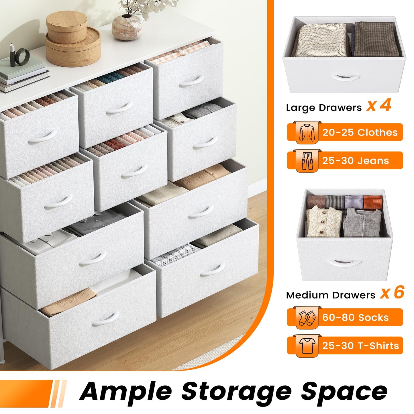 Feonase Chest of Drawers, Bedroom Tall Dresser with 10 Fabric Drawers, Metal Frame & MDF Wood Top, Adjustable Feet
