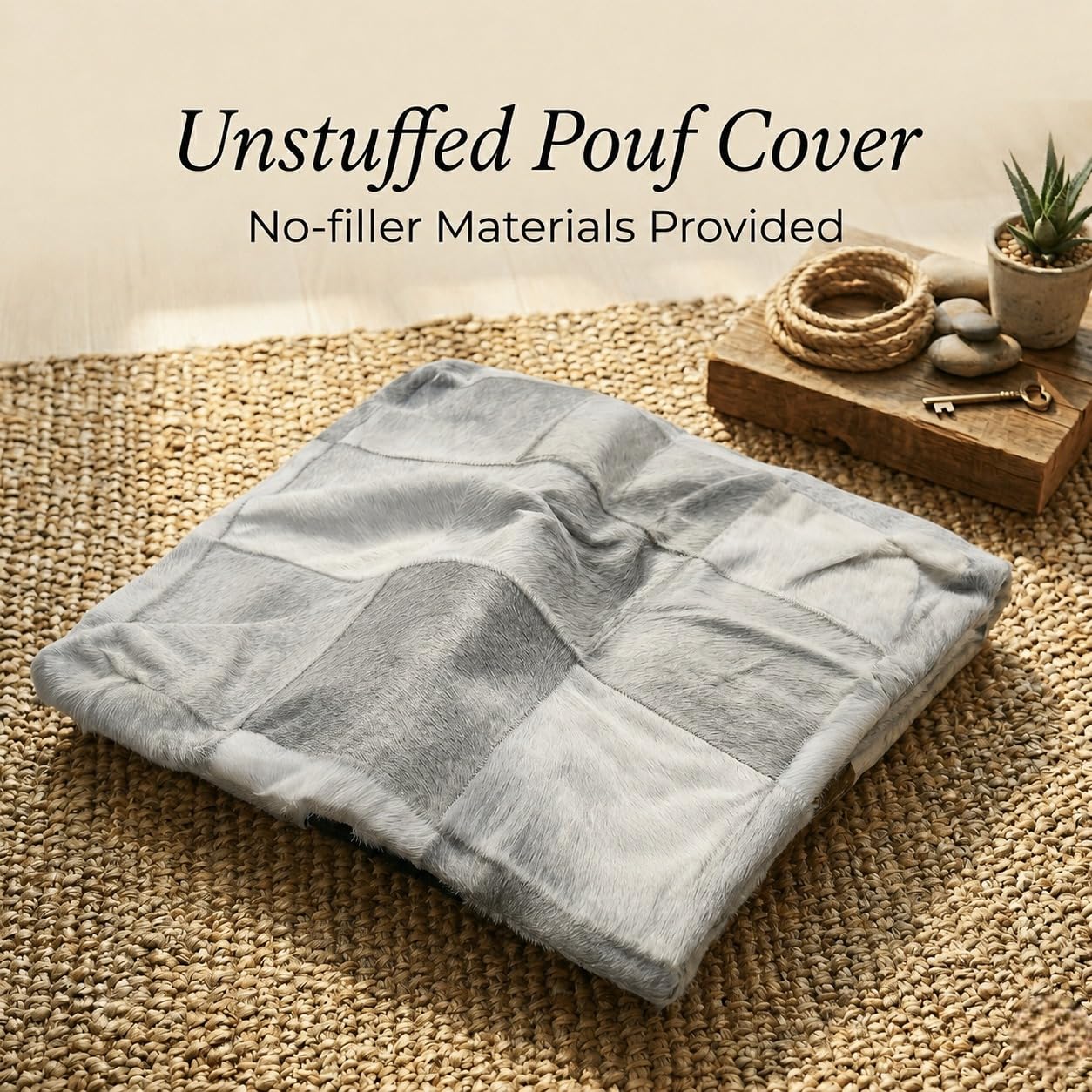 Heaven Hush Unstuffed Pouffe Cover Ottoman Handmade Hair-on Leather Pouf Cover only Genuine Cowhide Square Footrest Footstool Seat for Balcony Office