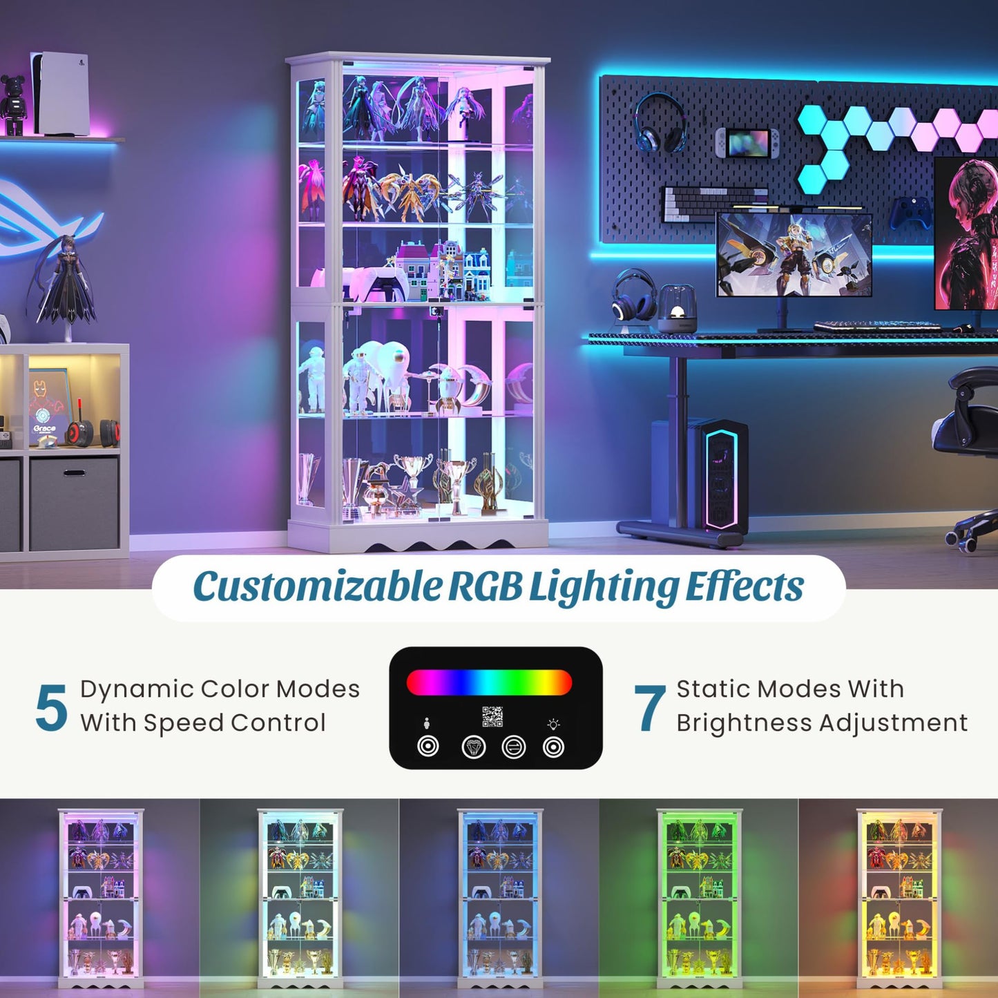 FREDEES Glass Display Cabinet with Lock and RGB Lights, 5-Tier, White