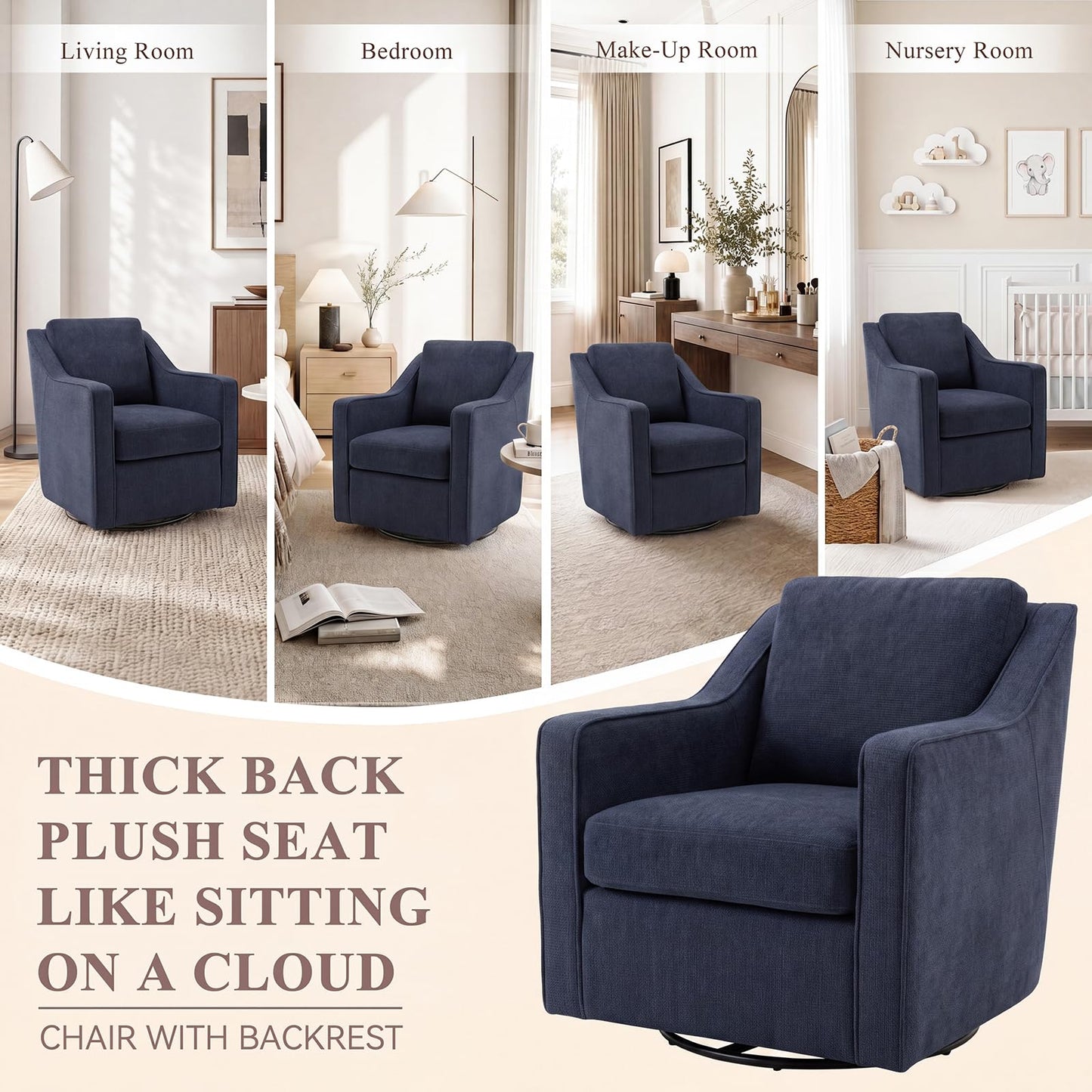 Swivel Armchair for Living Room, 360° Rotating Living Room Chair, Linen Fabric Accent Chair with Removable Seat Cushion & Pillow