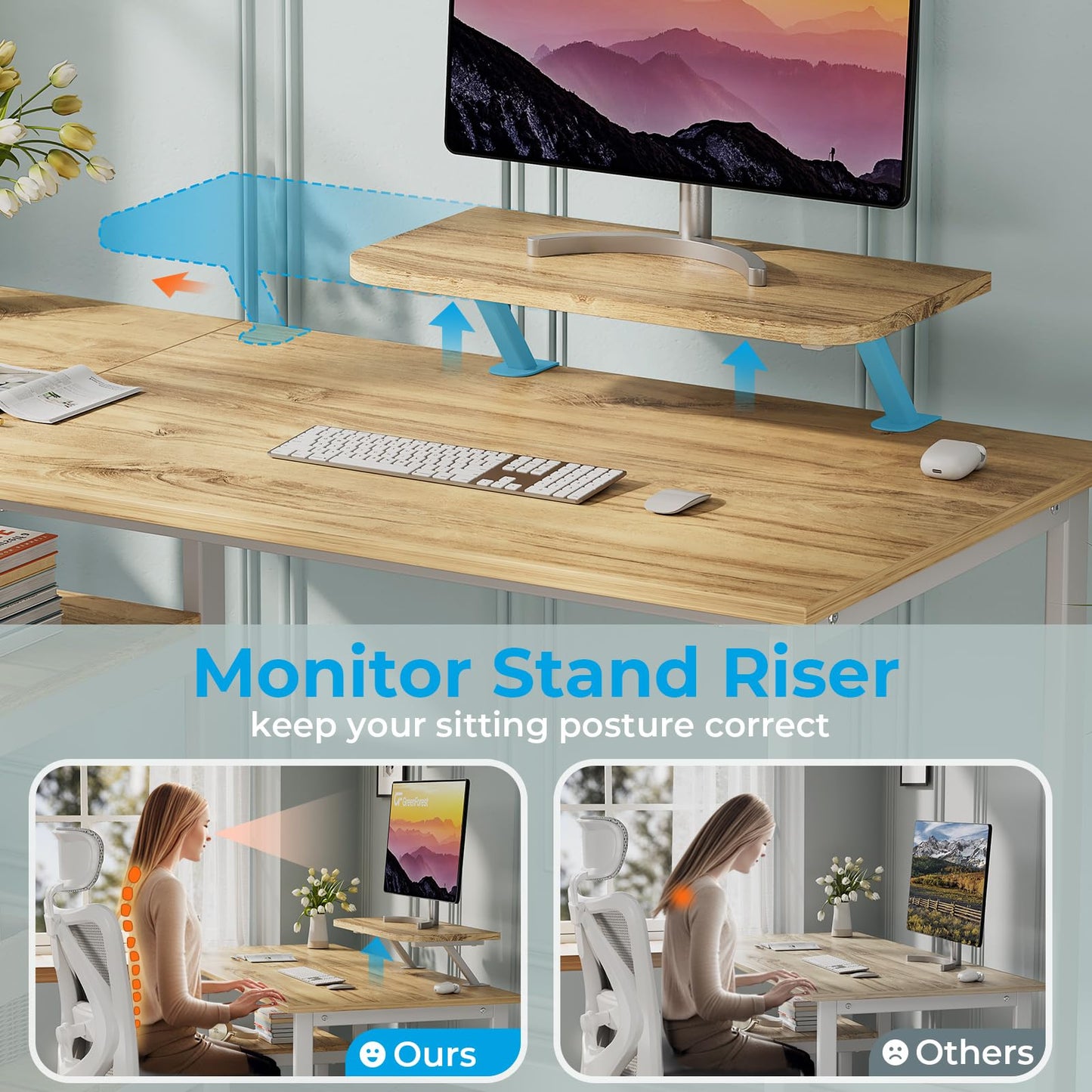 GreenForest Office Desk 120cm with Monitor Stand, Oak