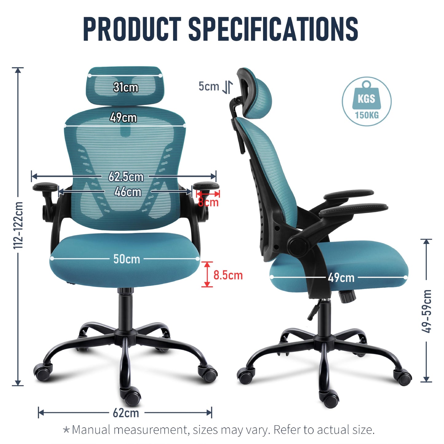 GGCIR Office Chair with Headrest,Mesh Desk Chair with Flip-up Armrests,90-120° Rocking Function,Ergonomic Computer Chairs 150KG(Blue)