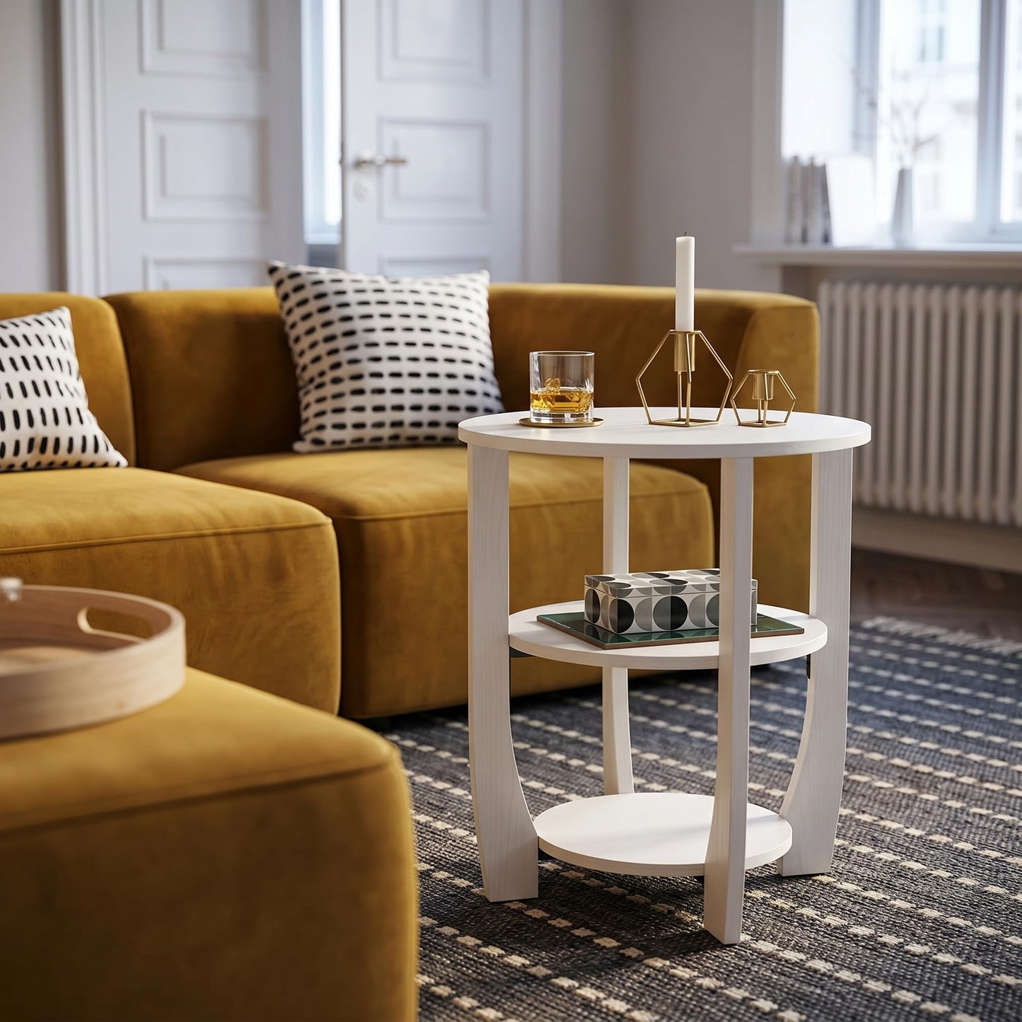 ZEXVIDA 3 Tier Round Side Table, Farmhouse Wood End Tables with Storage, Country Accent Small Sofa Bedside Table Coffee Table for Living Room Bedroom