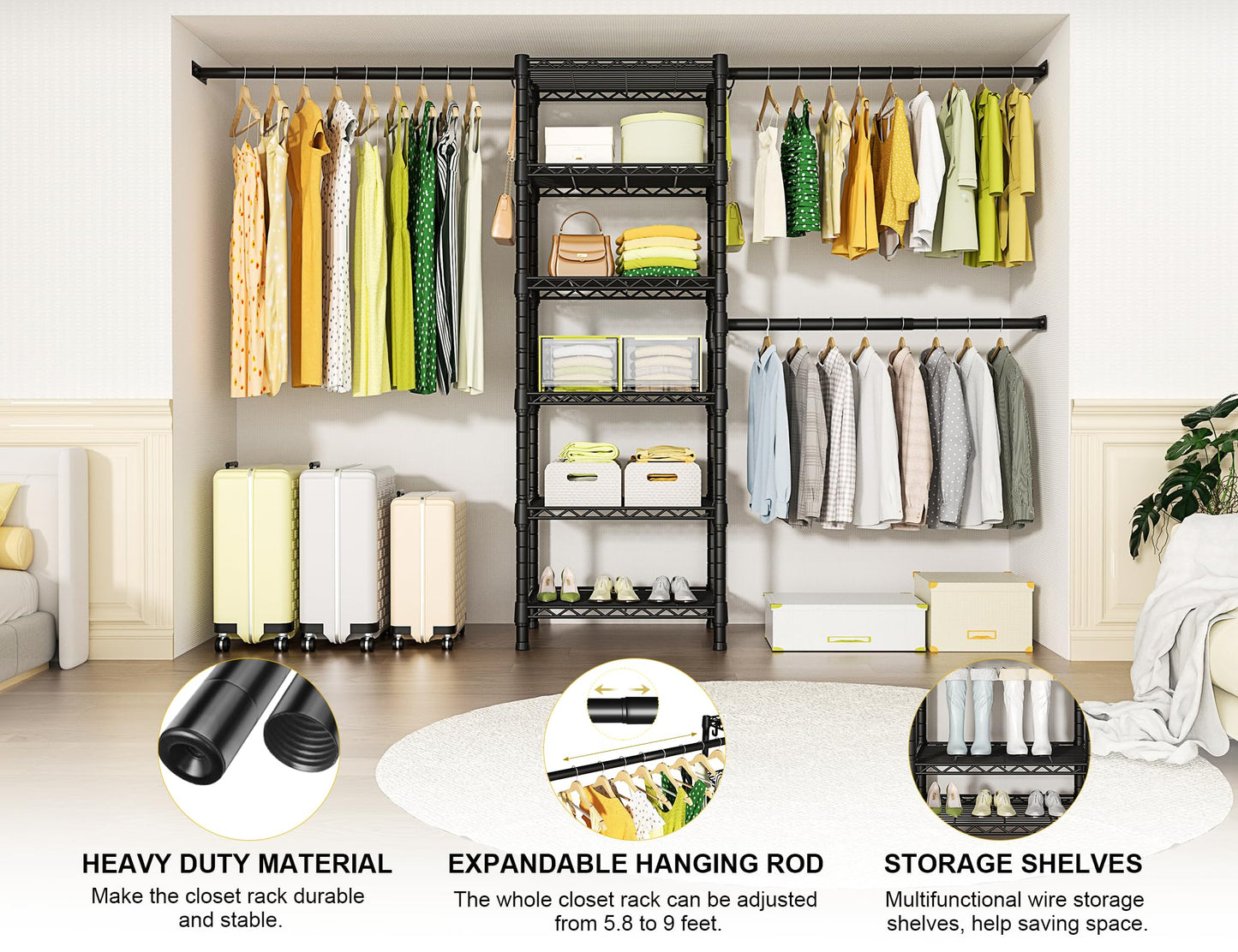 Ulif M5 Wall Mounted Clothes Garment Rack, Heavy Duty Closet Storage and Organizer System with 6 Shelves and 3 Expandable Hanger Rods
